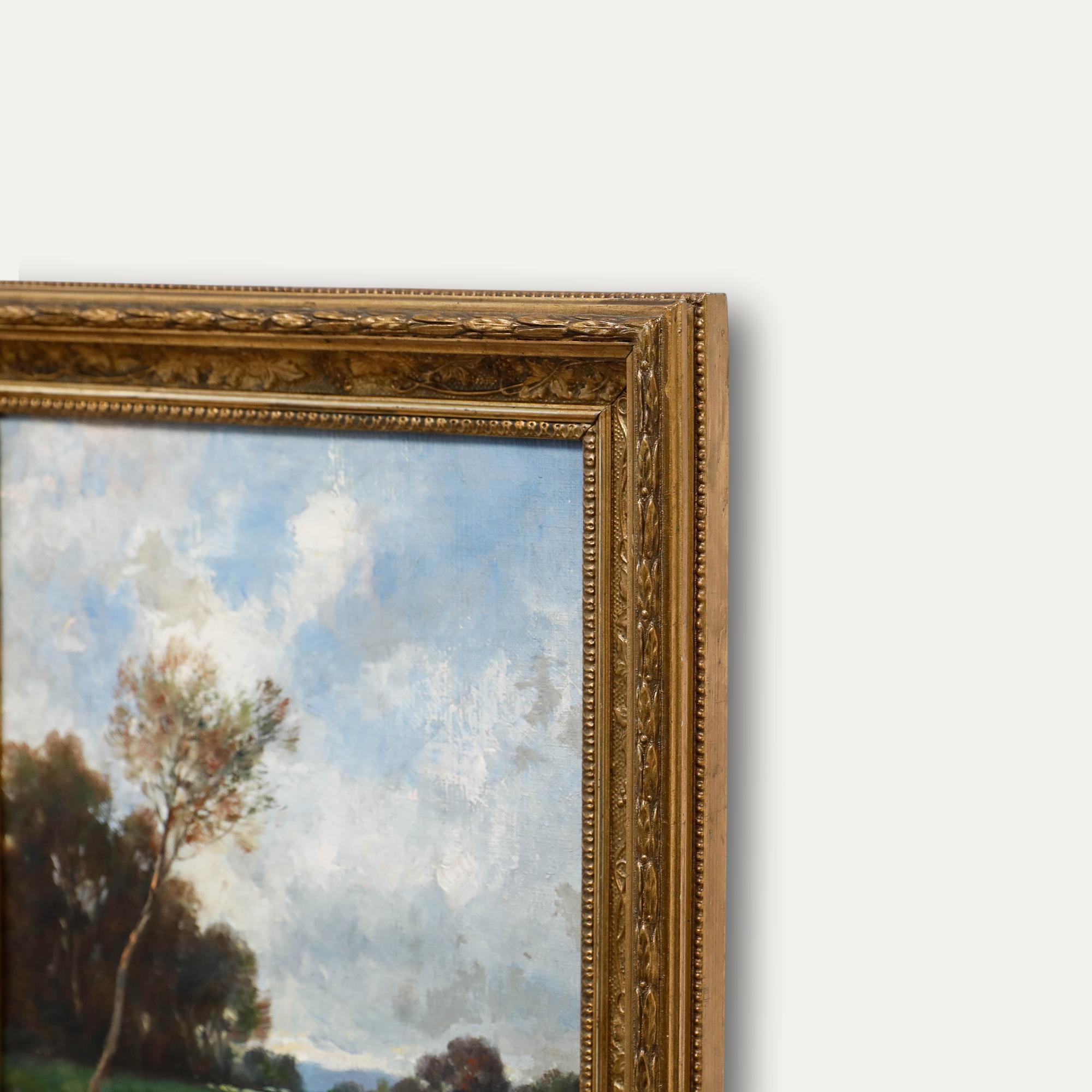 Gerahmtes Öl von 1896 - Der Baum am See im Angebot 1