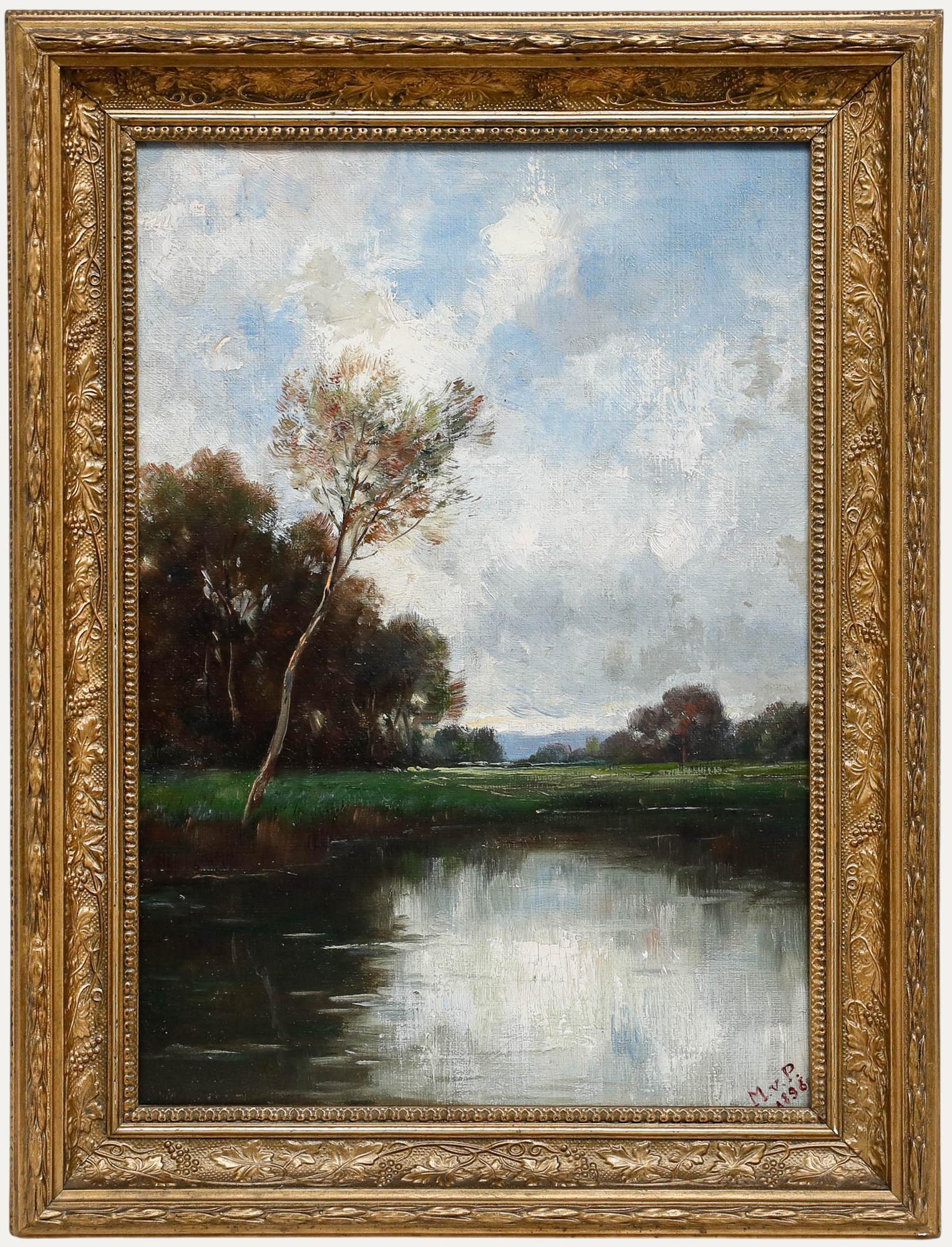 Unknown Landscape Painting – Gerahmtes Öl von 1896 - Der Baum am See