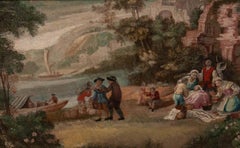 Huile sur toile encadrée du XVIIIe siècle - Bord de rivière arcadien