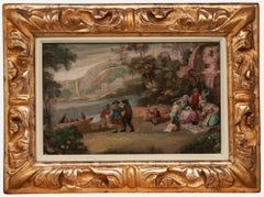 Huile sur toile encadrée du XVIIIe siècle - Bord de rivière arcadien
