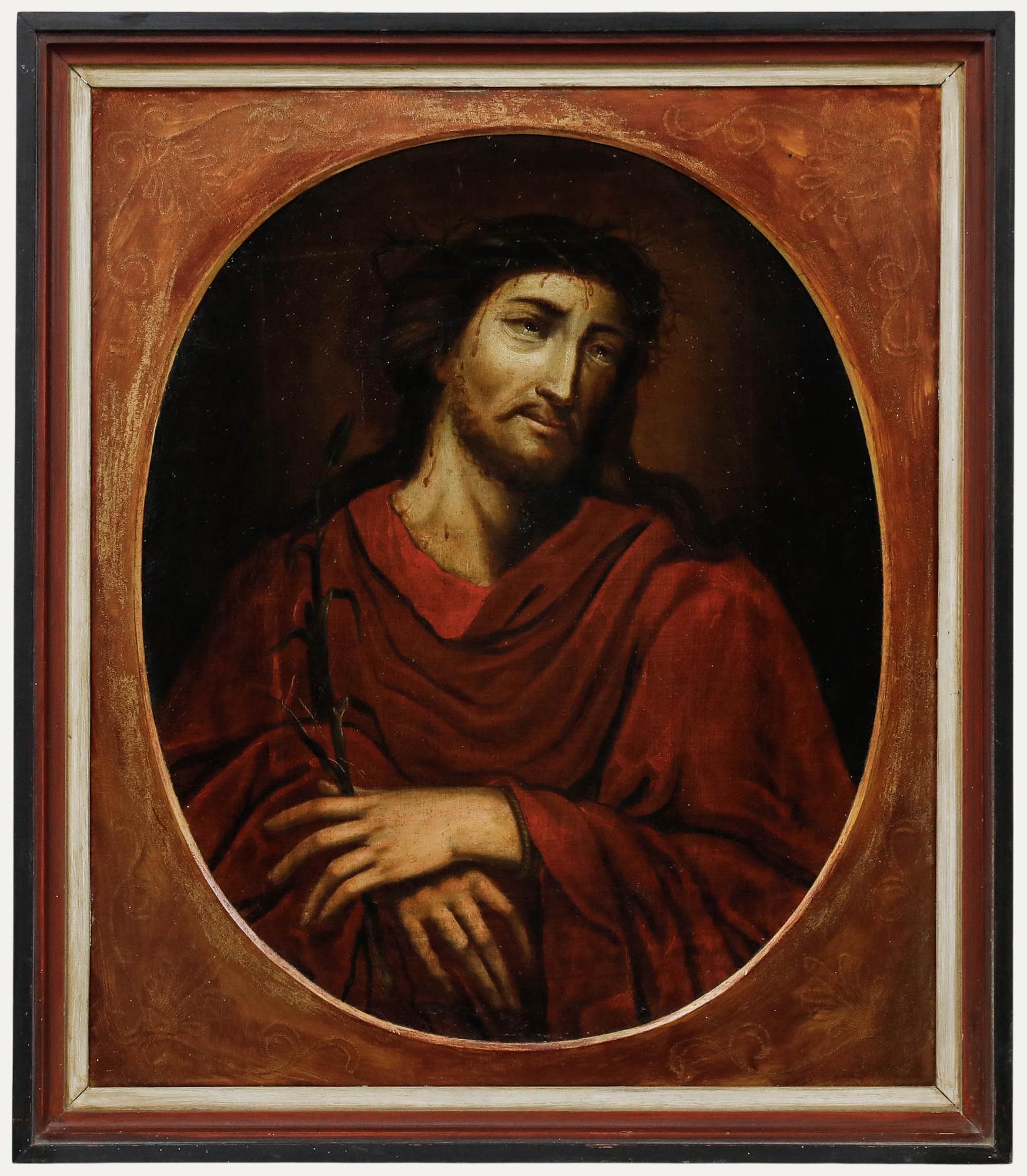 Huile encadrée du XVIIIe siècle - Le Christ, homme de douleur