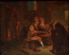Huile encadrée du 18e siècle - Les violoneux au pub