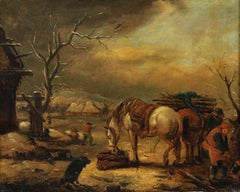 Framed 18th Century Oil - Horses in a Winter Landscape