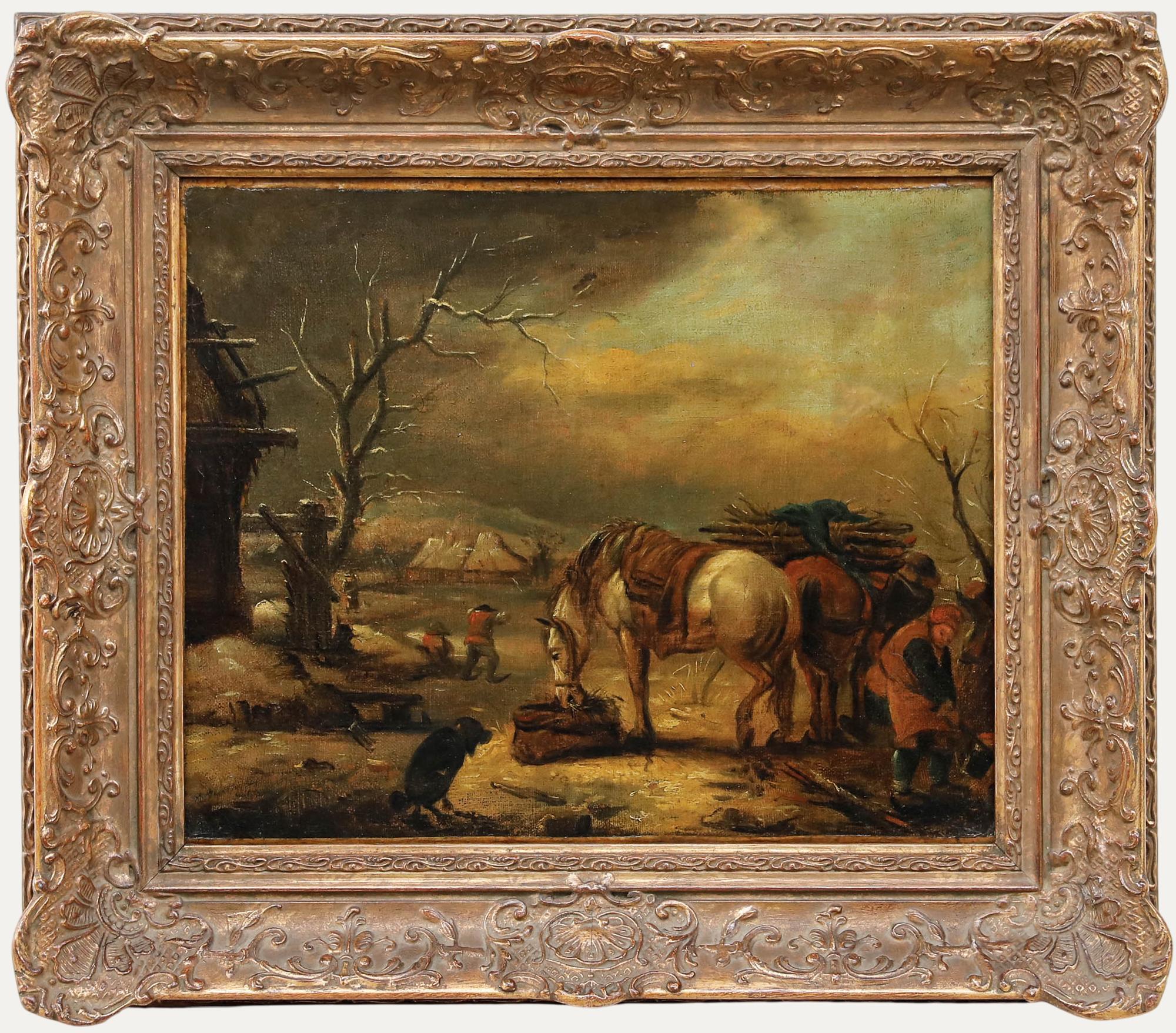 Gerahmtes Öl aus dem 18. Jahrhundert - Pferde in einer Winterlandschaft