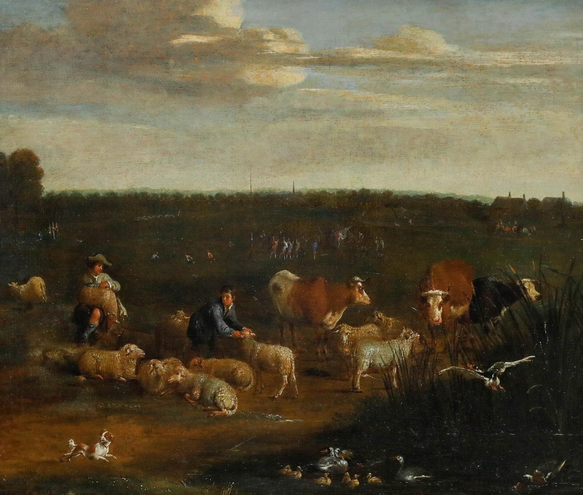 Gerahmtes Öl aus dem 18. Jahrhundert - Pastorale Landschaft mit Hirten, die Schafe scheren – Painting von Unknown