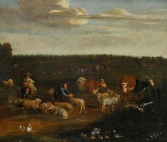 Framed 18th Century Oil - Pastoral Landscape with Shepherds Shearing Sheep