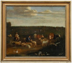 Framed 18th Century Oil - Pastoral Landscape with Shepherds Shearing Sheep