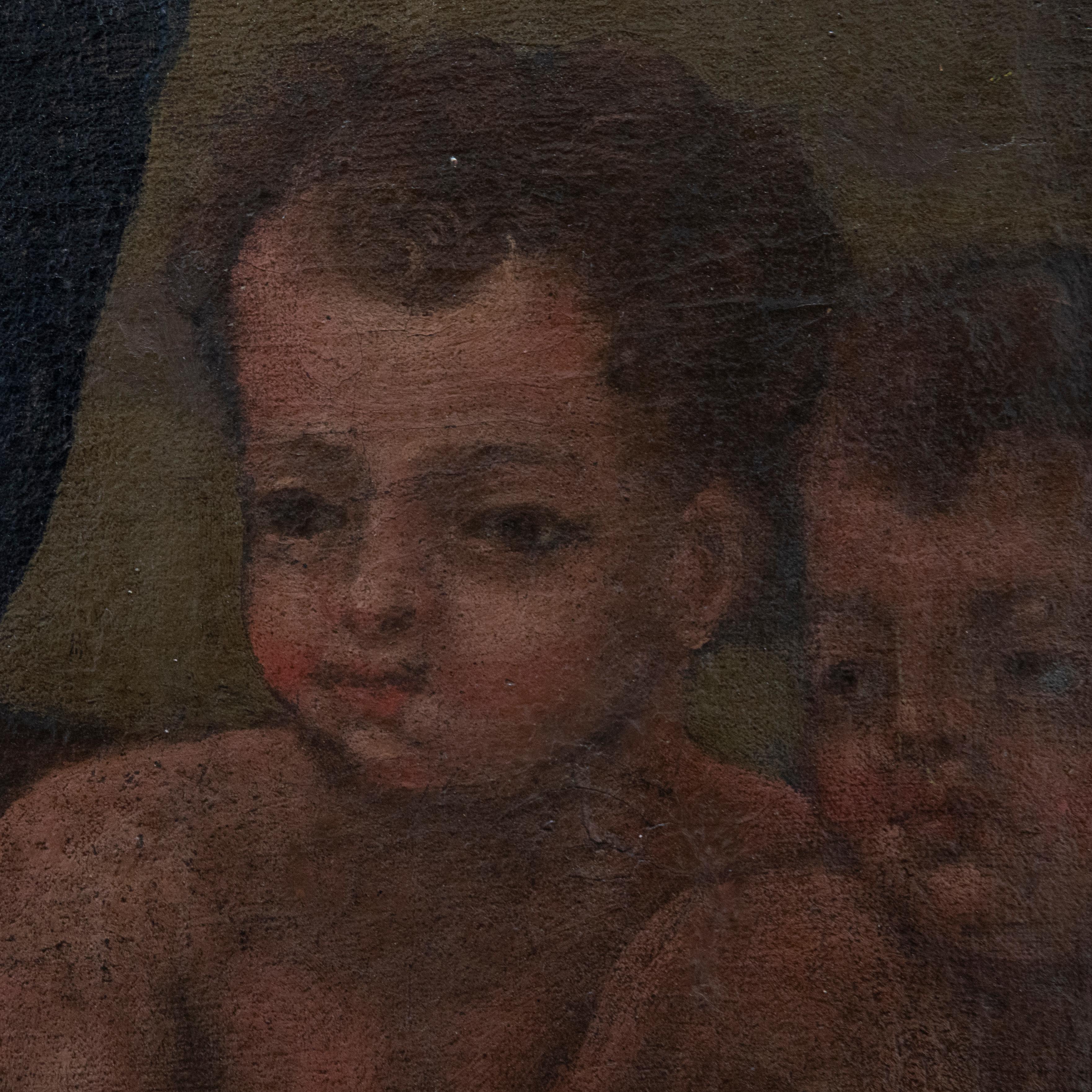 A fine 18th century classical scene in oil, depicting two putti wrapped in a diaphanous piece of cloth. Undoubtedly part of a larger scene, this may be a study from an altarpiece or fresco. Well presented in a 19th century gilt slip, with a fine