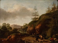 Huile sur toile encadrée du XVIIIe siècle - Des randonneurs en excursion