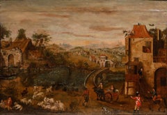 Framed 18th Century Oil - Village Life