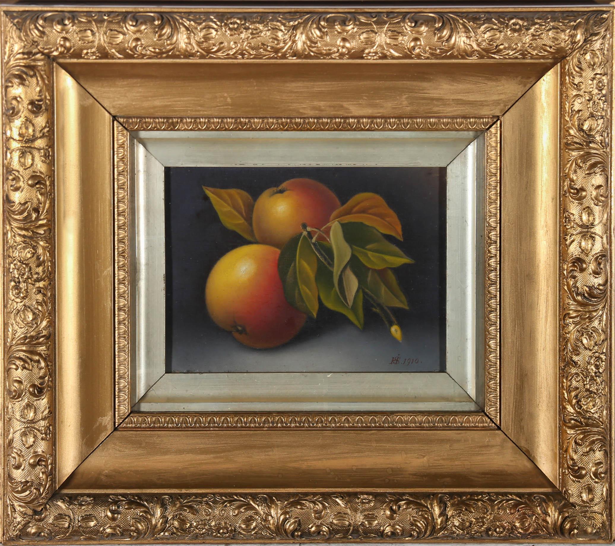 Unknown Still-Life Painting - Framed 1910 Oil - Still Life of Apples