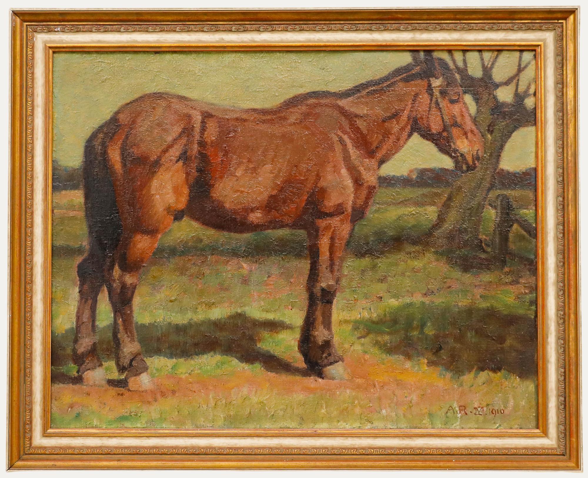 Animal Painting de Unknown - Óleo enmarcado de 1910 - El caballo de batalla