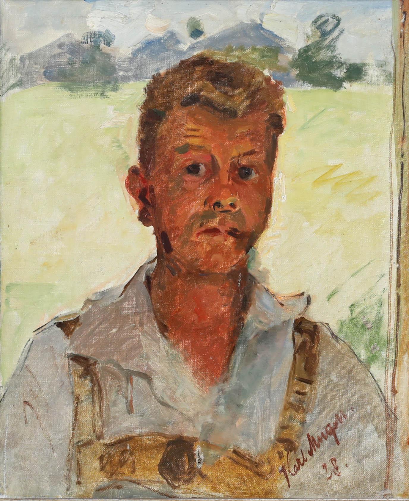 Framed 1928 Oil - A German Farmer - Painting by Unknown