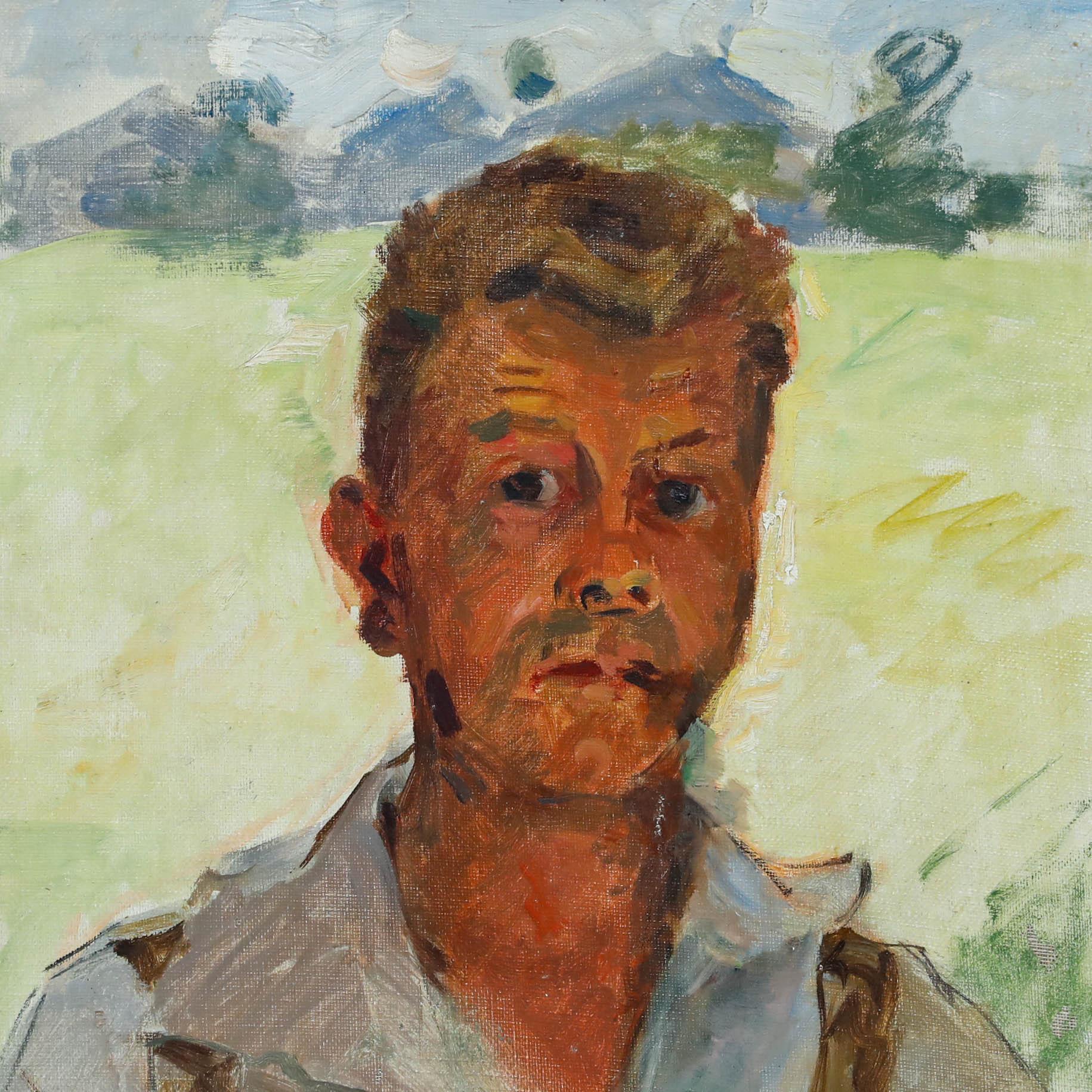 This portrait captures a sun-weathered figure against a bright, pastoral background, creating a striking contrast between the subject and their environment. The artist's loose, expressive brushwork lends an immediacy to the piece, particularly in