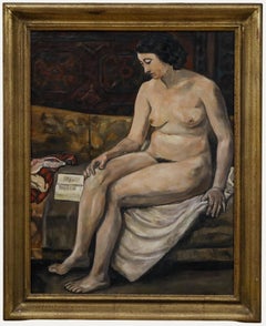 Antique Framed 1933 Oil - Female Nude Reading
