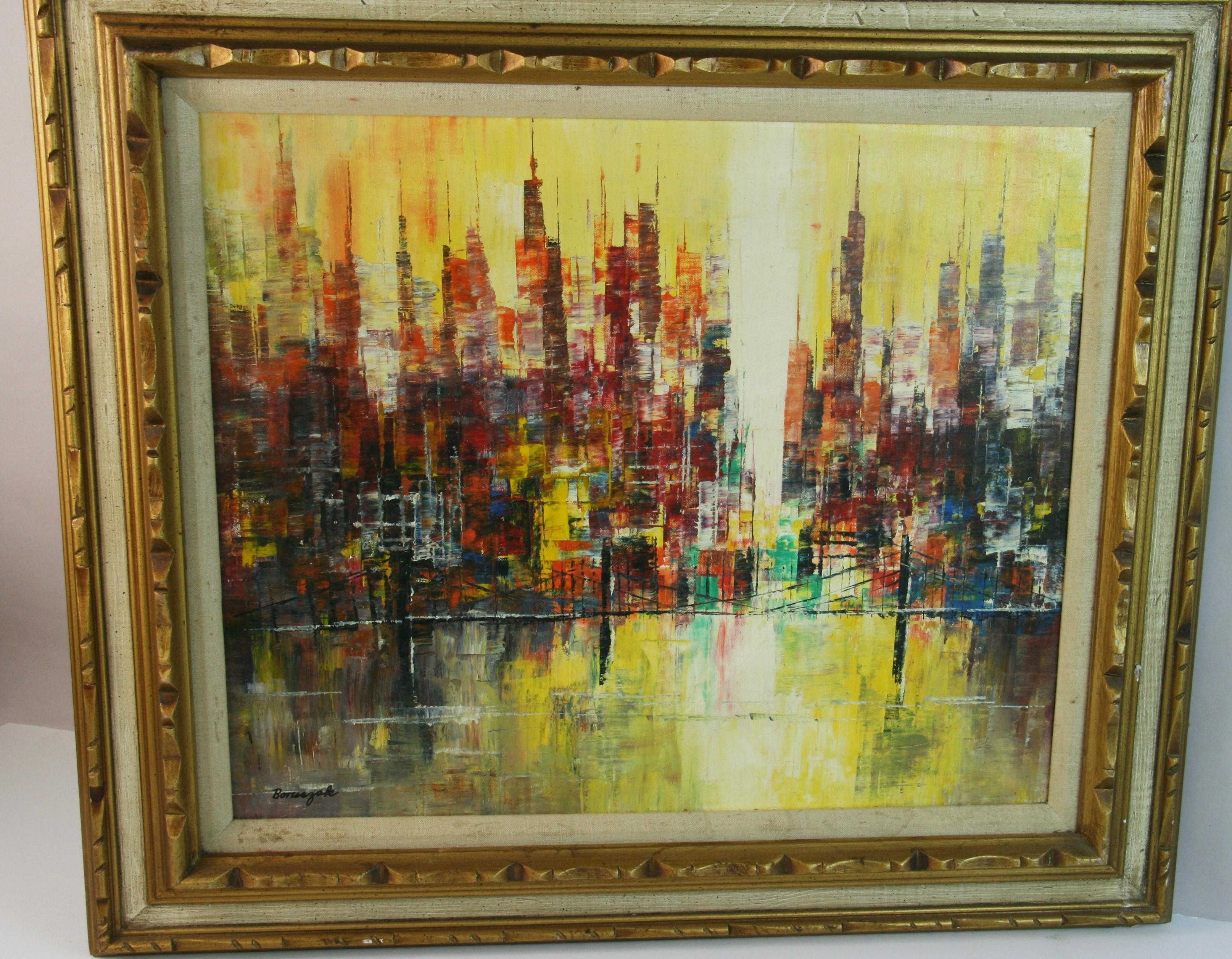 Unknown Landscape Painting - Framed 1940s Antique Cubic City Skyline Oil Painting, 19.5x23.5\"