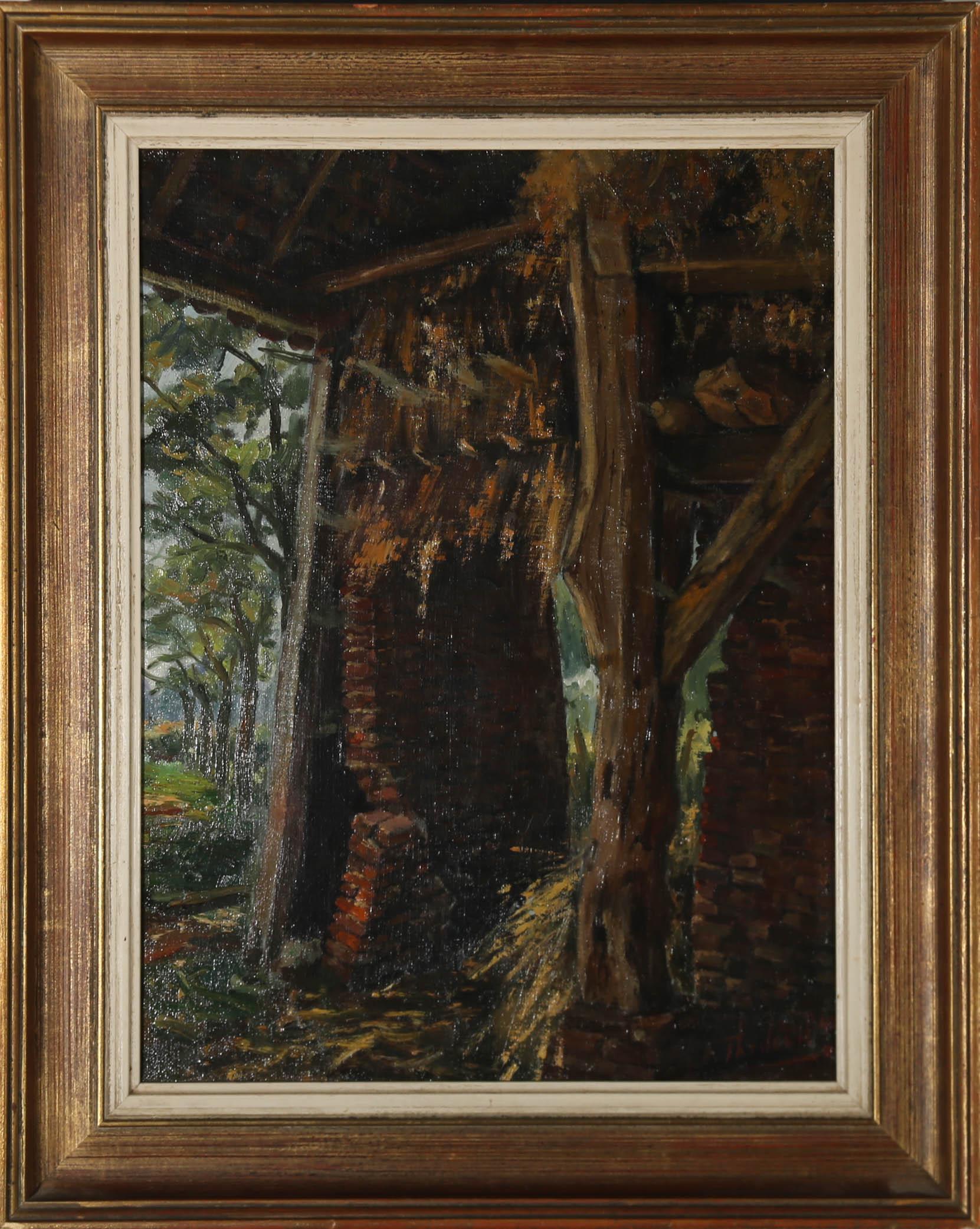 Unknown Landscape Painting - Framed 1942 Oil - The Hayloft