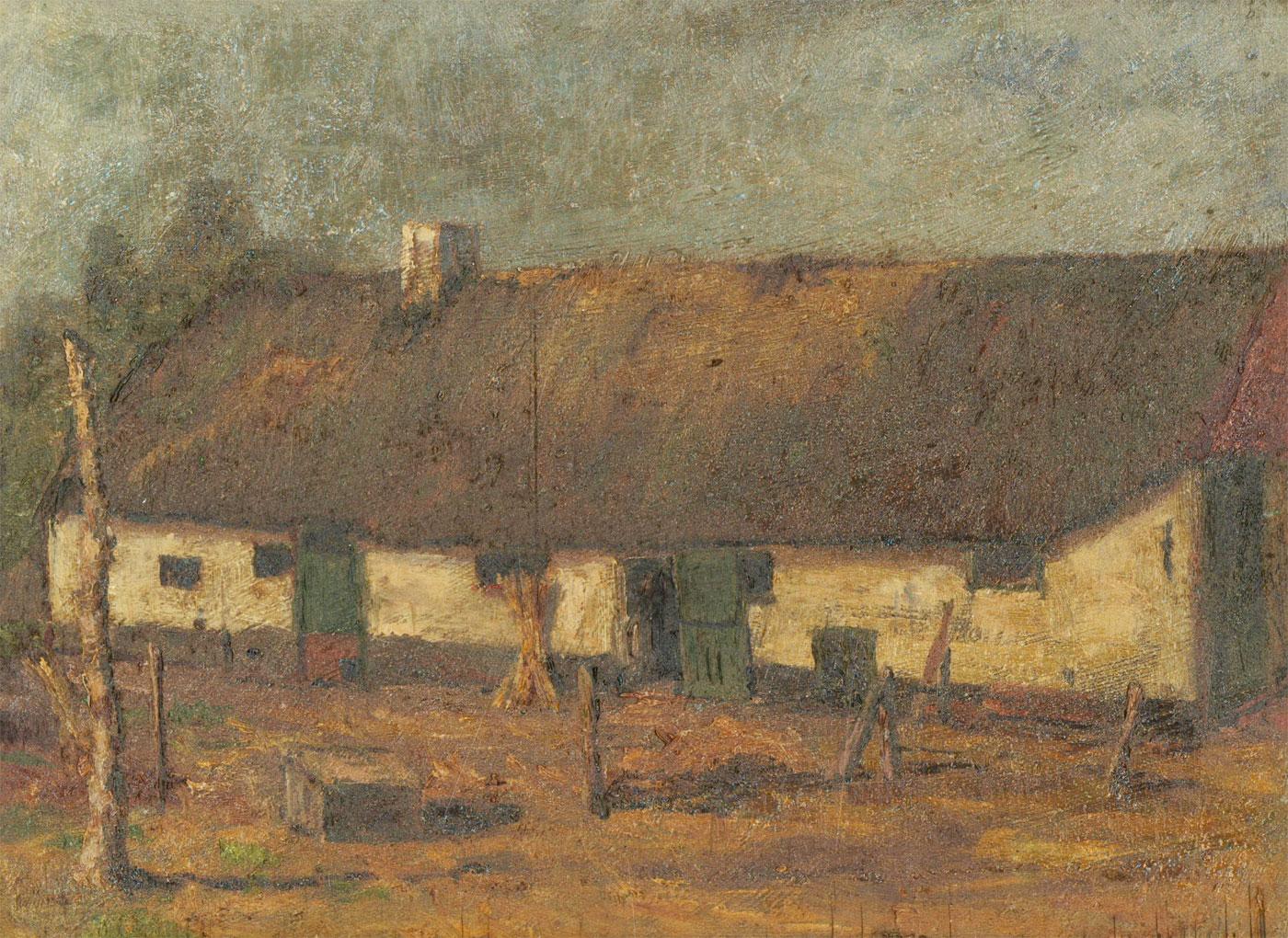 Framed 1948 Oil - Belgian Farmhouse - Painting by Unknown