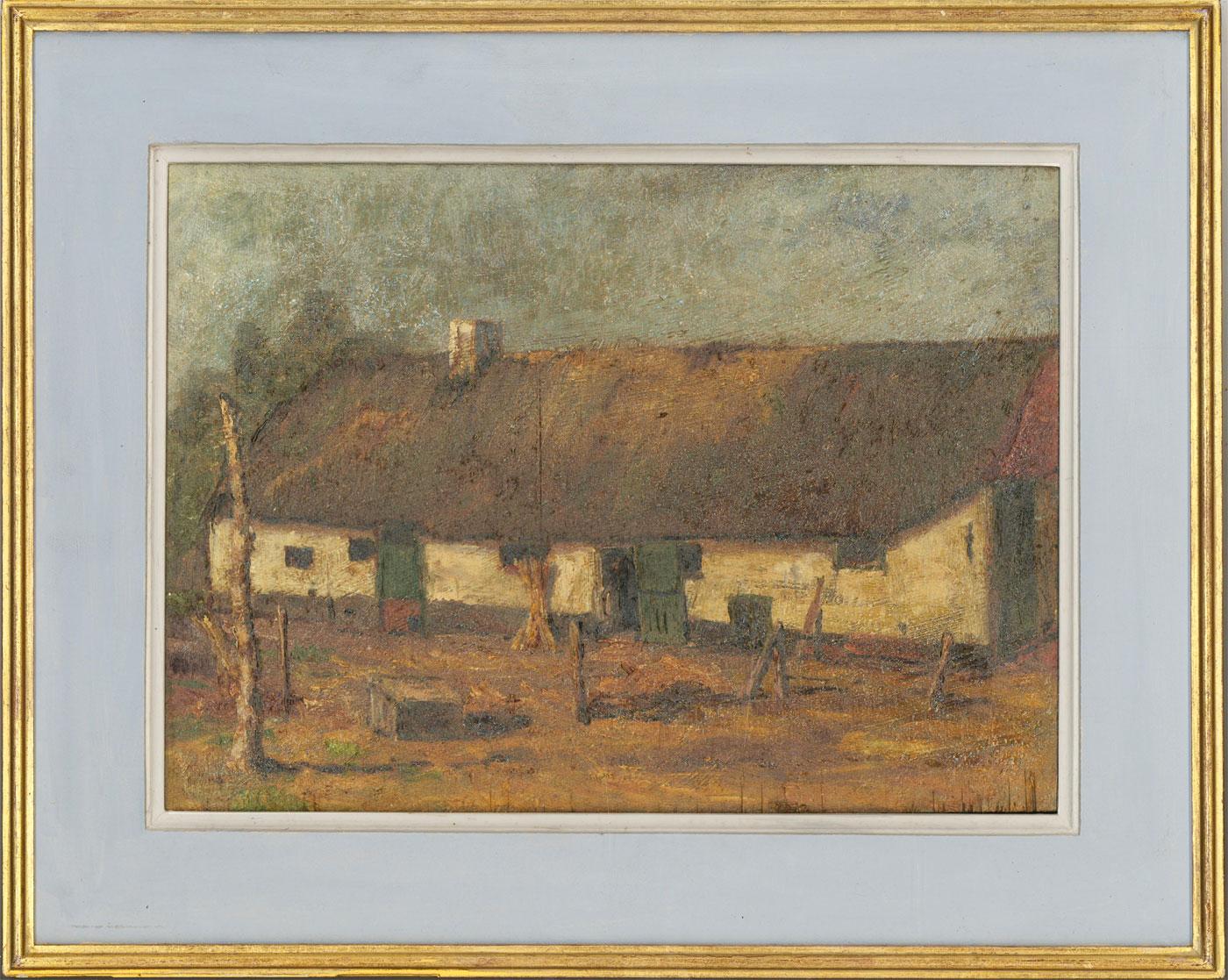 A very fine Belgian work in oil by an unknown artist, depicting a farmhouse or stable block on a countryside farm. The artist has an impressive command of the medium, depicting sunlight touching the scene in a delicate manner, evoking a late