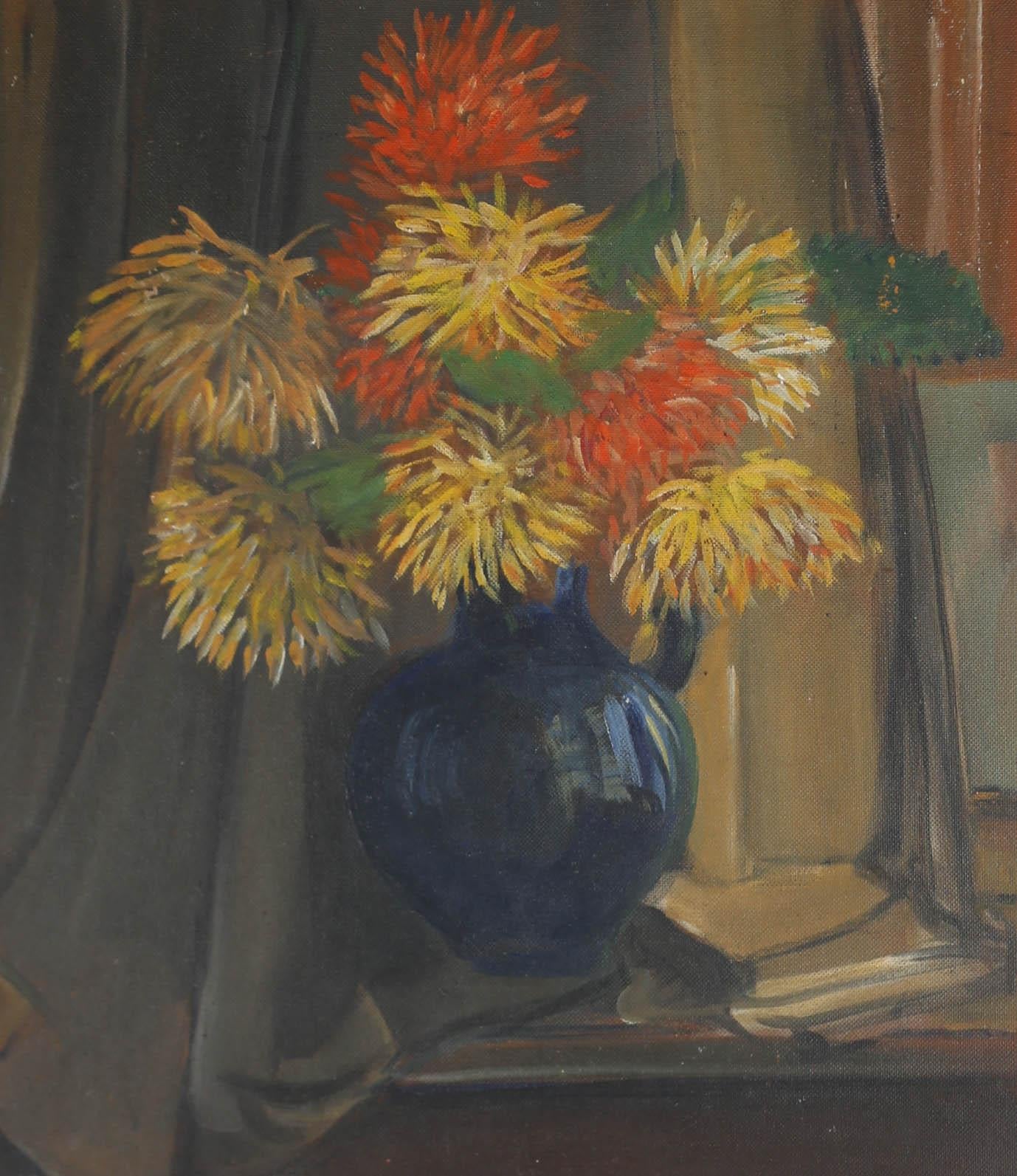 Framed 1951 Oil - Still Life of Dahlias - Painting by Unknown