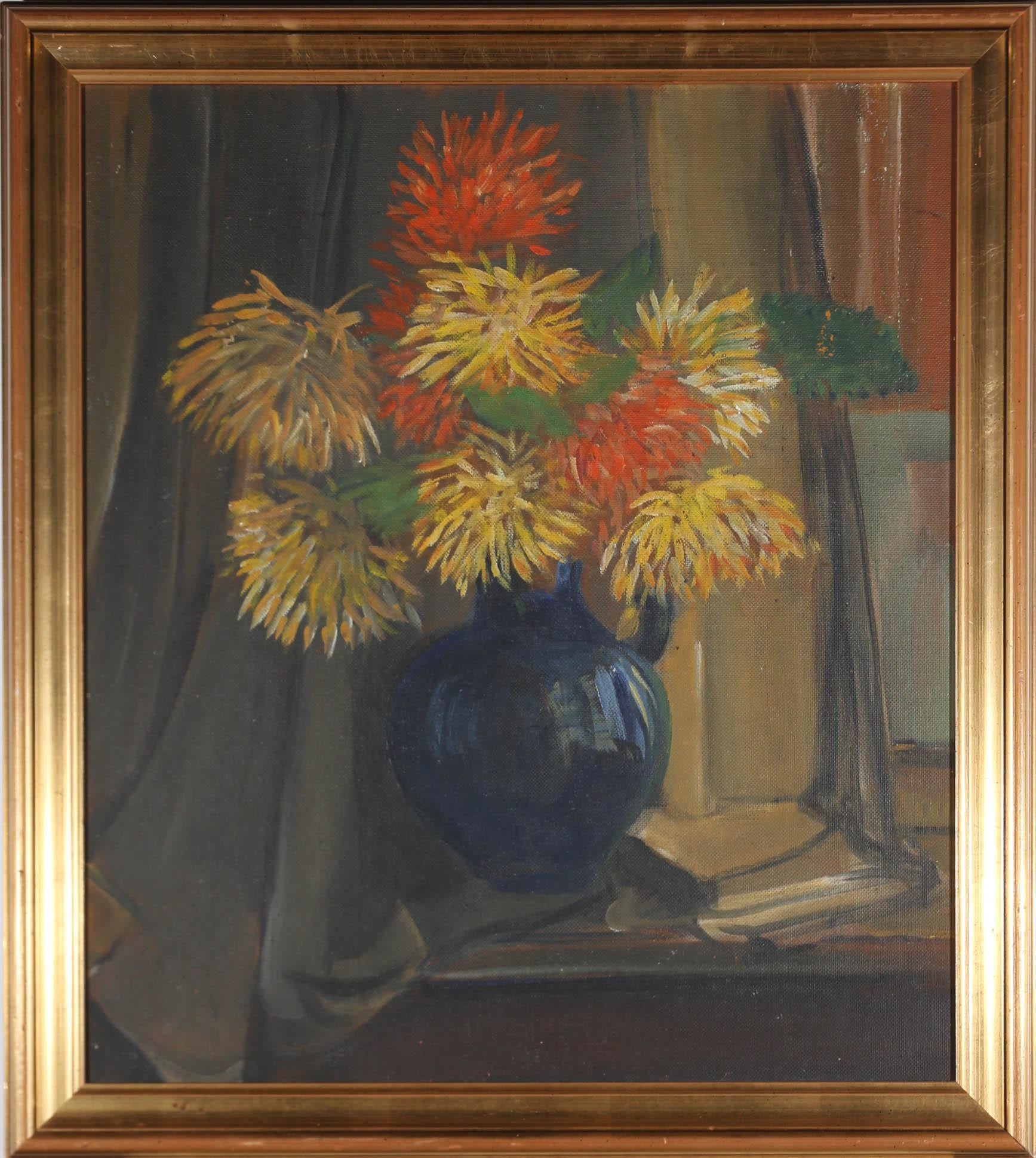 Still-Life Painting di Unknown - Olio del 1951 incorniciato - Natura morta di dalie