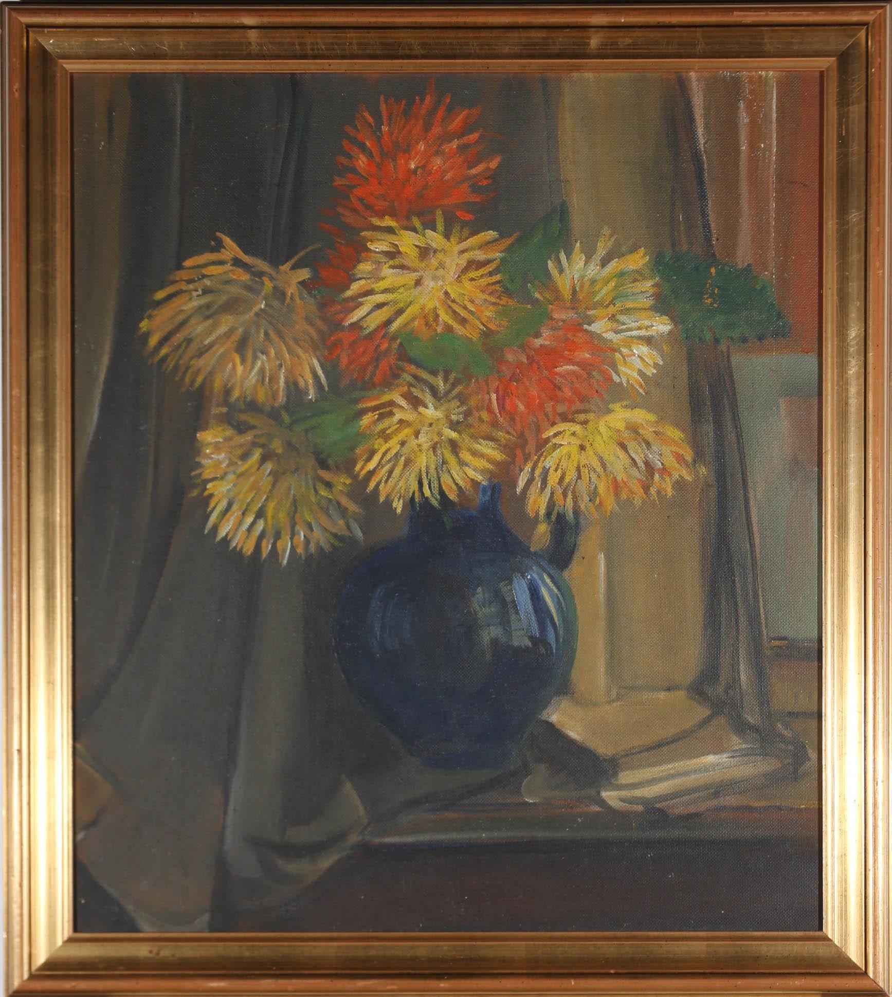 Unknown Still-Life Painting - Framed 1951 Oil - Still Life of Dahlias