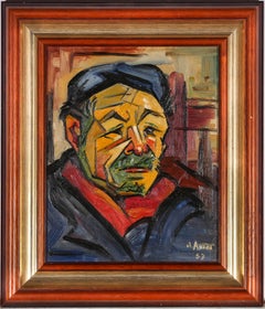 Framed 1957 Oil - Cubist Man Framed 1957 Oil - Cubist Man