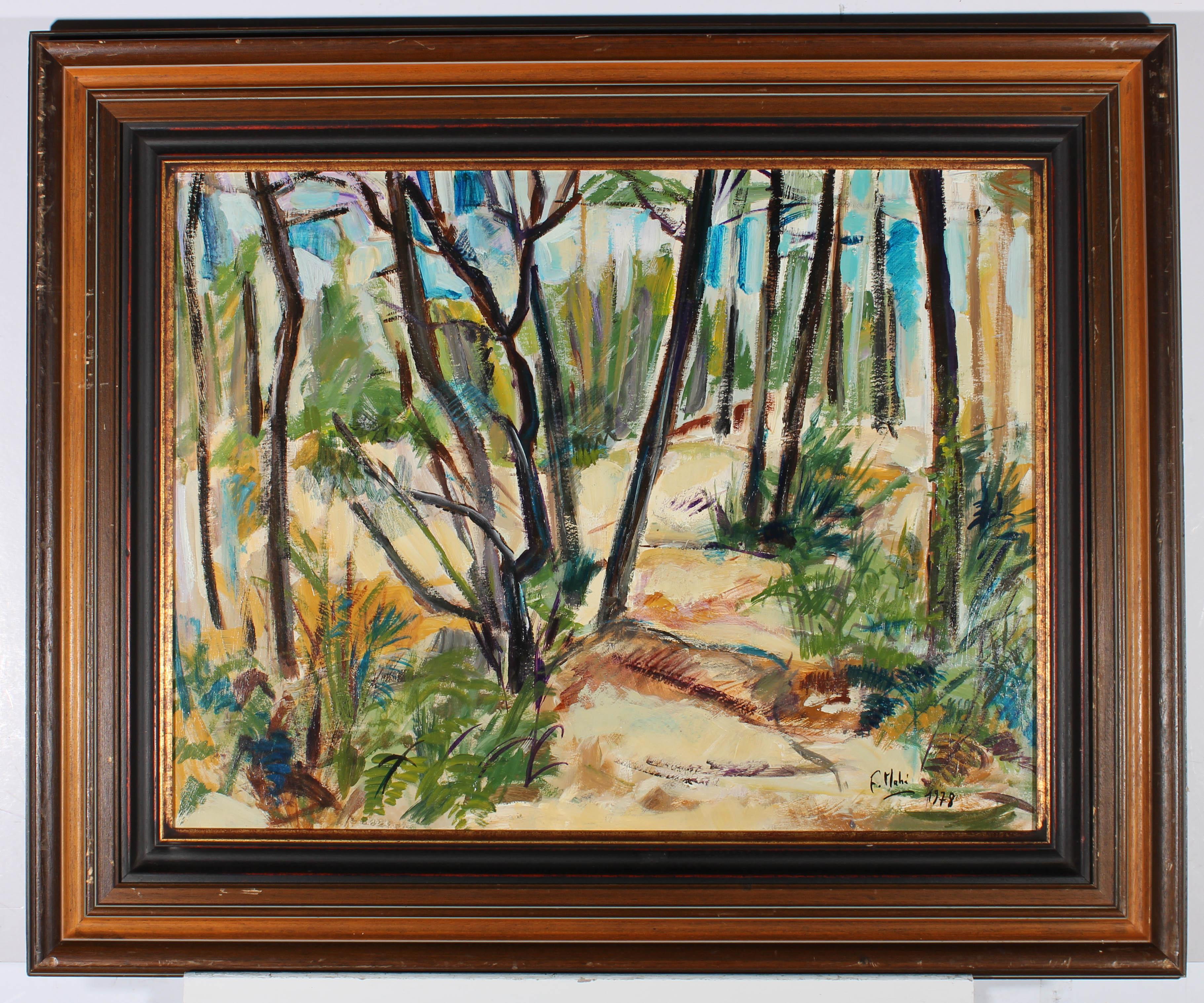 A captivating French School, study of a woodland landscape, painted in a bold gestural manner. The composition is indistinctly signed and dated to the lower right-hand corner. Handsomely presented in an antique style wooden frame, with decorative