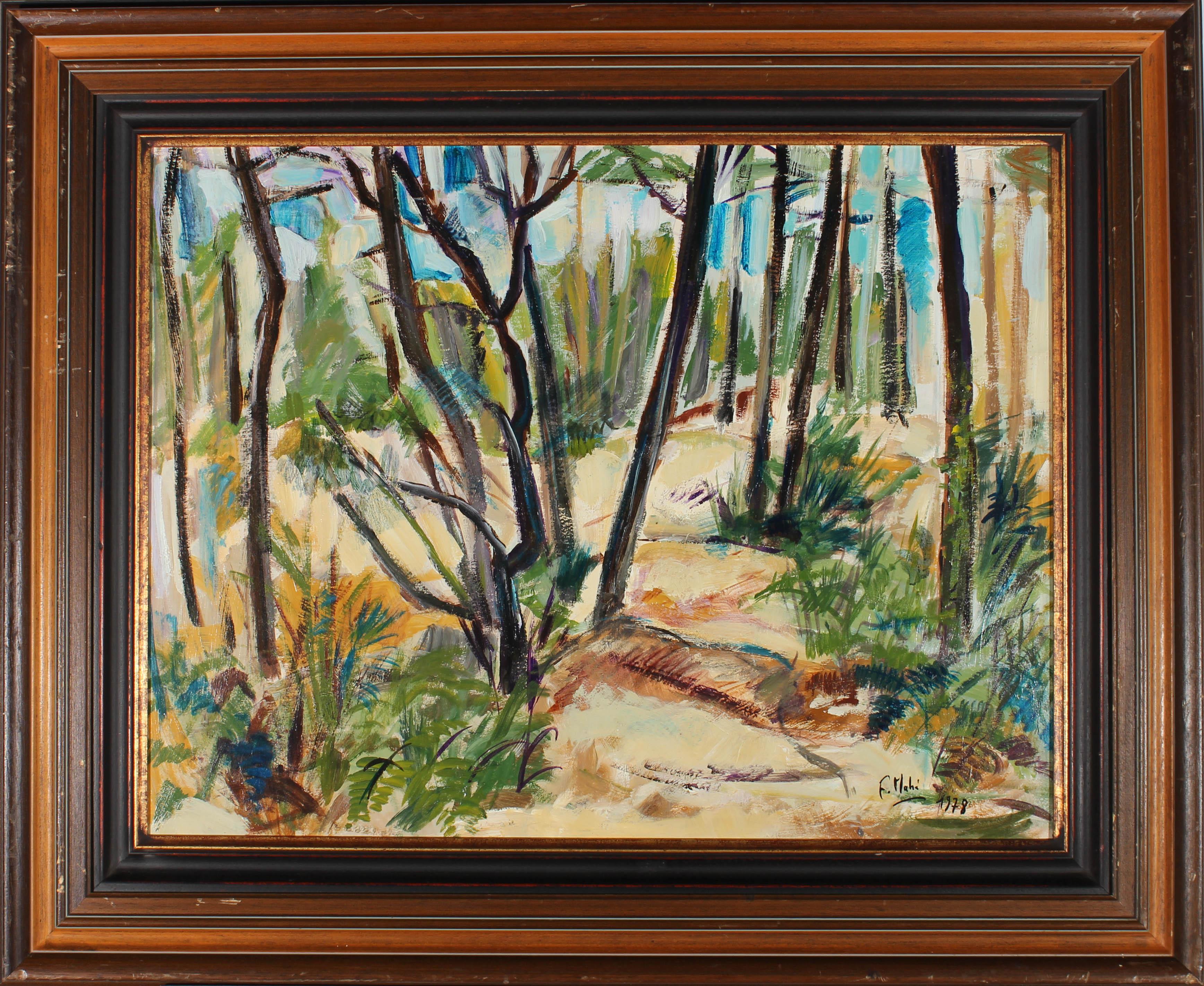 Landscape Painting di Unknown - Olio del 1978 incorniciato - Attraverso gli alberi