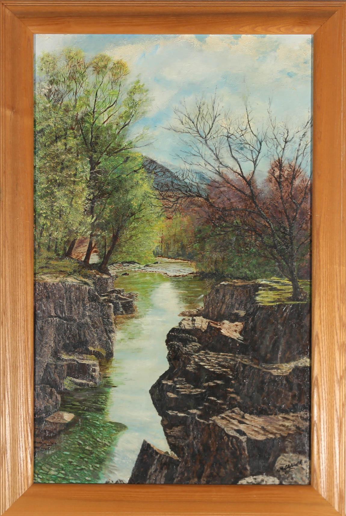 Unknown Landscape Painting - Framed 1985 Oil - Eroded River Landscape