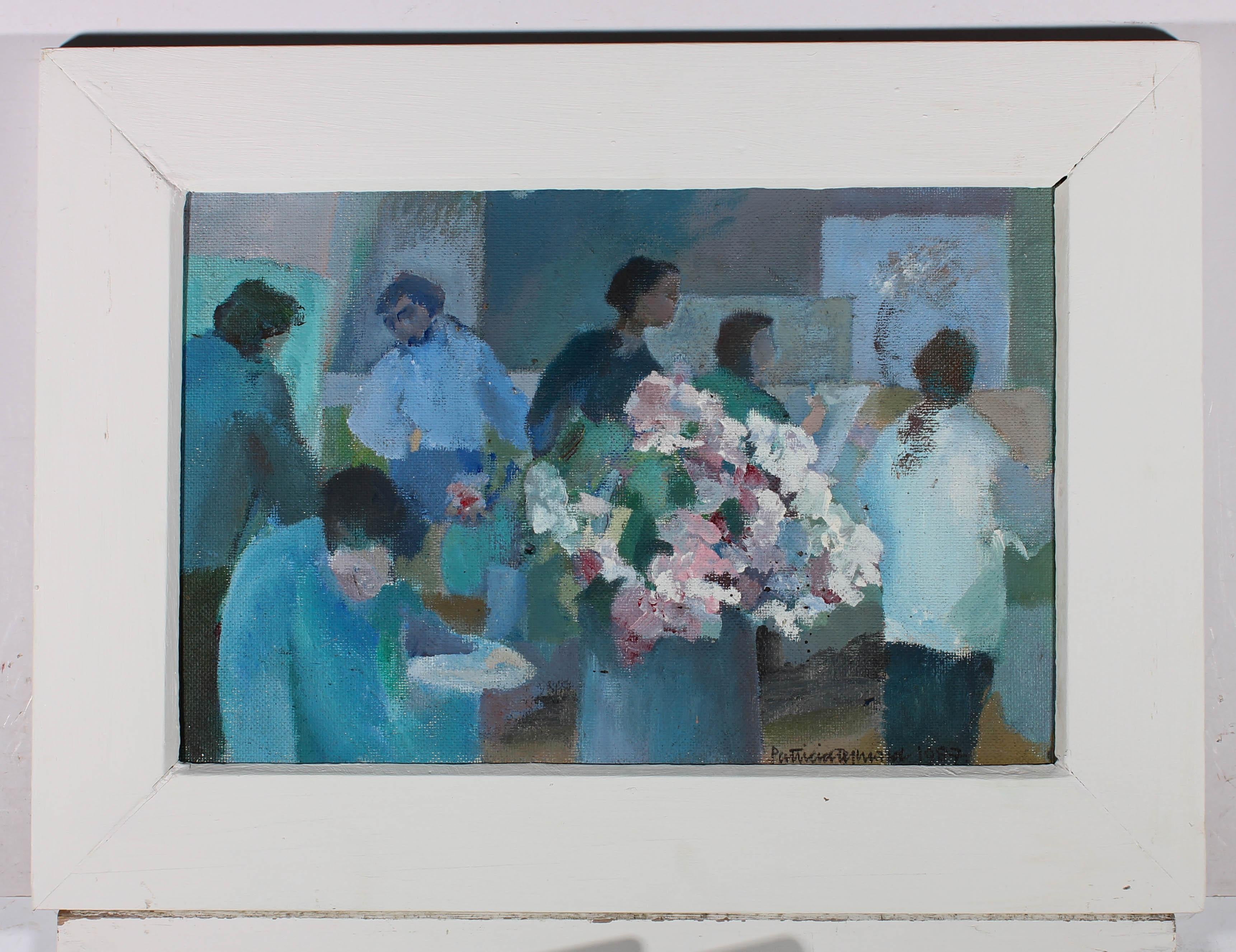An impressionist oil depicting art students gathered around a still life of flowers. This composition is full of colour and movement, with an impasto style and canvas texture. Indistinctly signed to the lower right and dated, 1987. There is a second