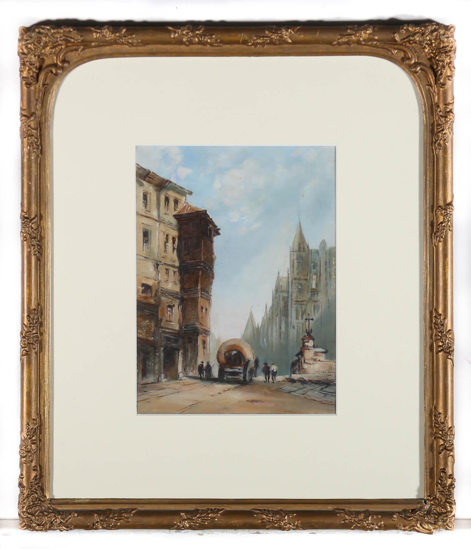 Olio del XIX secolo incorniciato - Una piazza europea - Landscape Painting Beige di Unknown