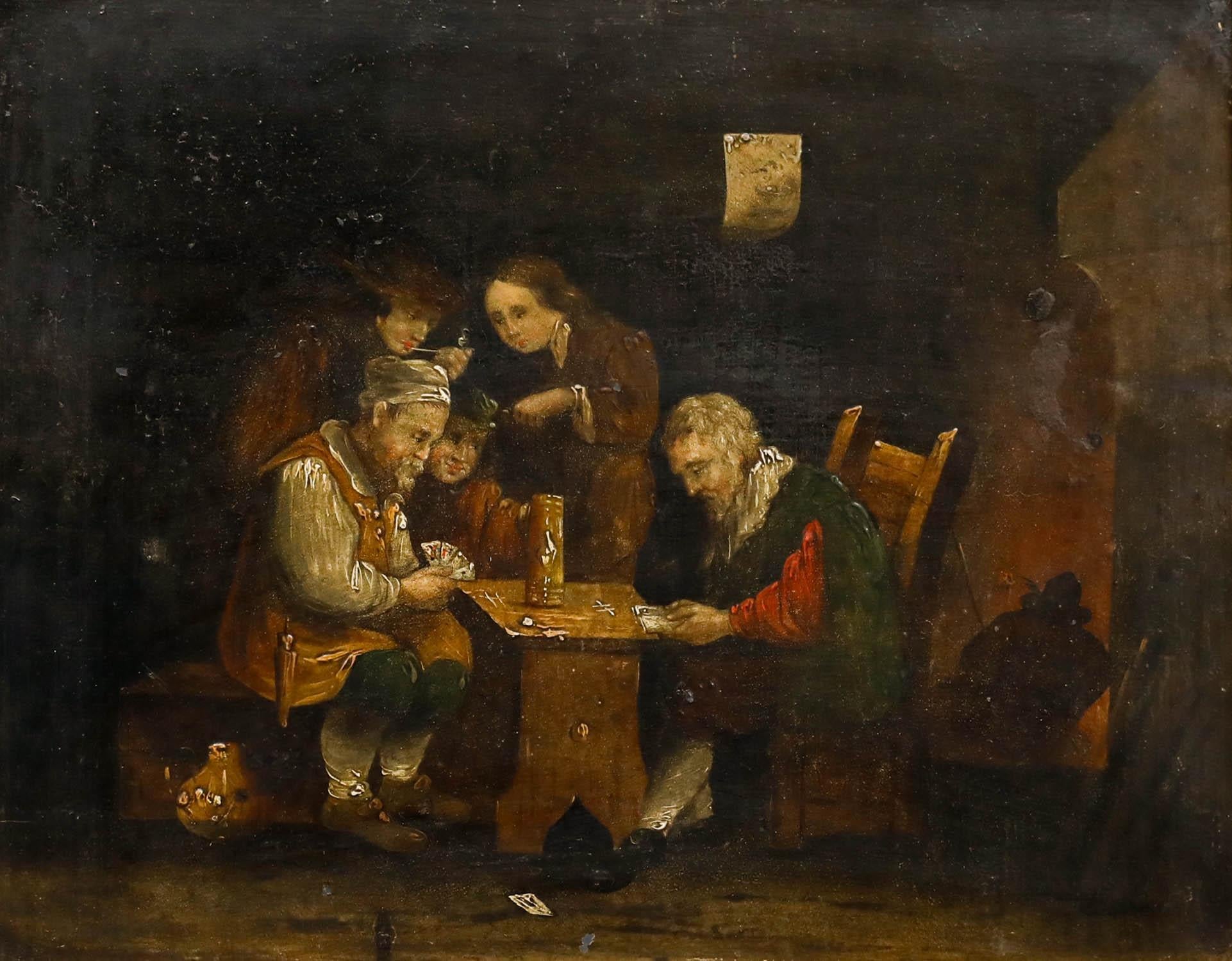Huile encadrée du 19e siècle - Une partie de cartes à l'auberge - Painting de Unknown