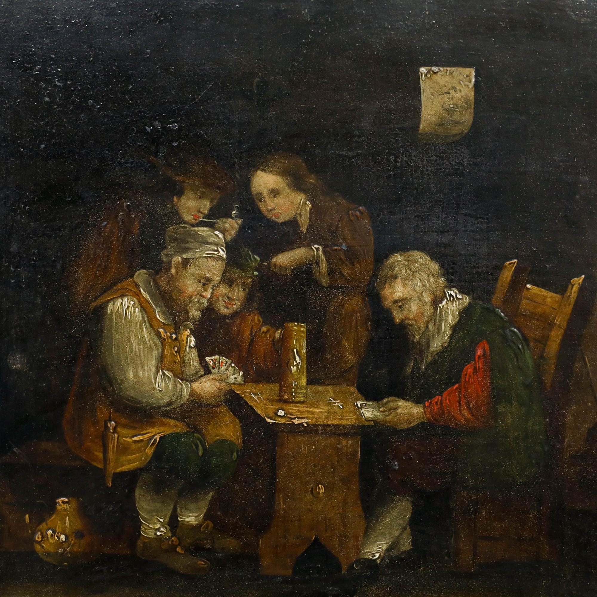 Dans un intérieur faiblement éclairé, plusieurs personnes se rassemblent autour d'une table, concentrées sur une partie de cartes. Bien présenté dans un cadre en bois avec un bord intérieur doré. Non signée. Sur métal. Taille de l'image : 30 x 38 cm.