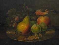 Huile du 19e siècle encadrée - Une assiette de fruits avec oiseau