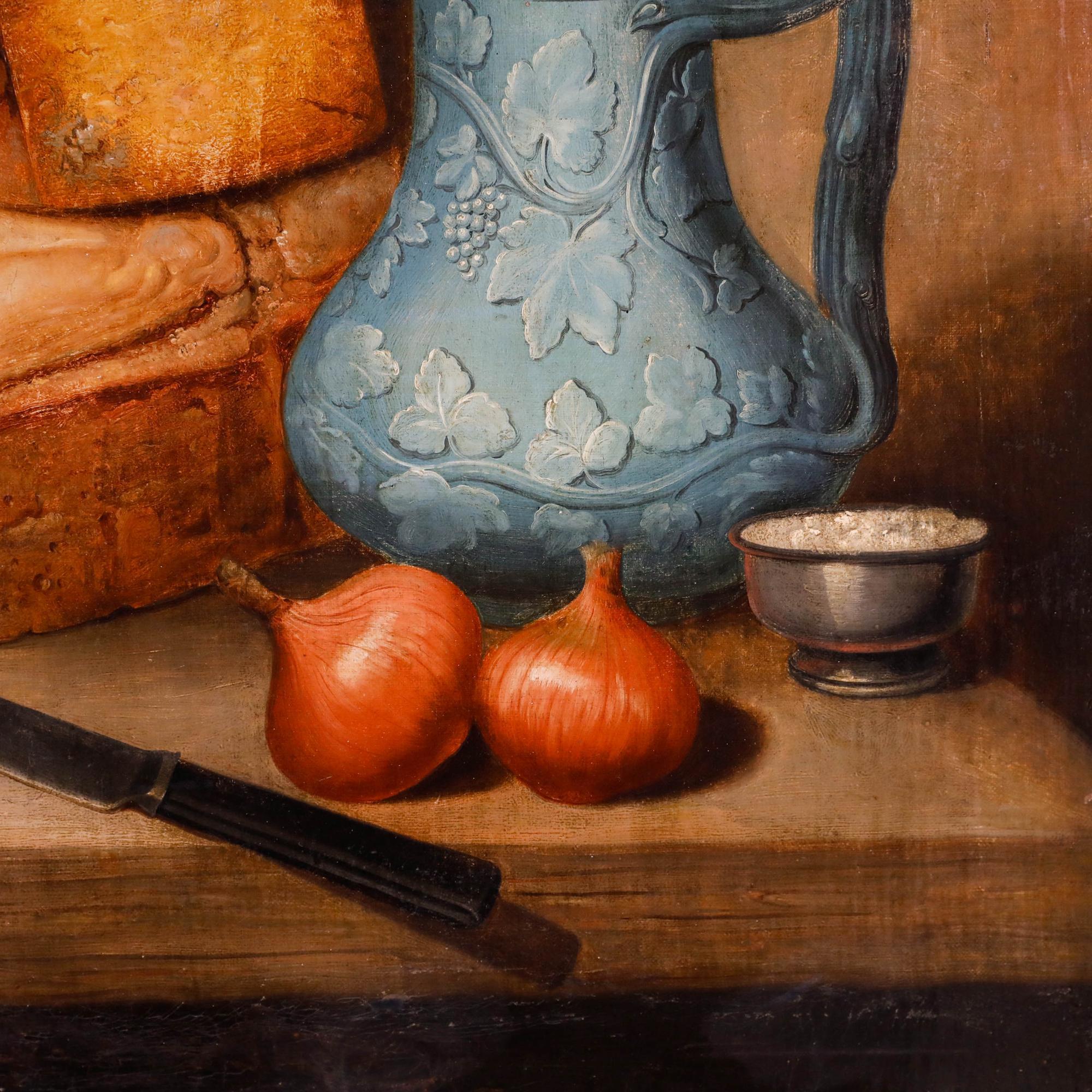 Ein besonders schönes Stillleben in Öl, das einen mit Krügen, Flaschen, Brot und Käse gedeckten Tisch zeigt. Alle in der Szene gemalten Objekte sehen so gut aus, dass man sie direkt von der Leinwand essen könnte. Unglaublich realistisch und