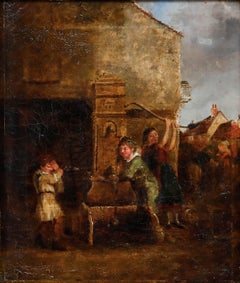 Framed 19th Century Oil - A Prank at the Water Pump