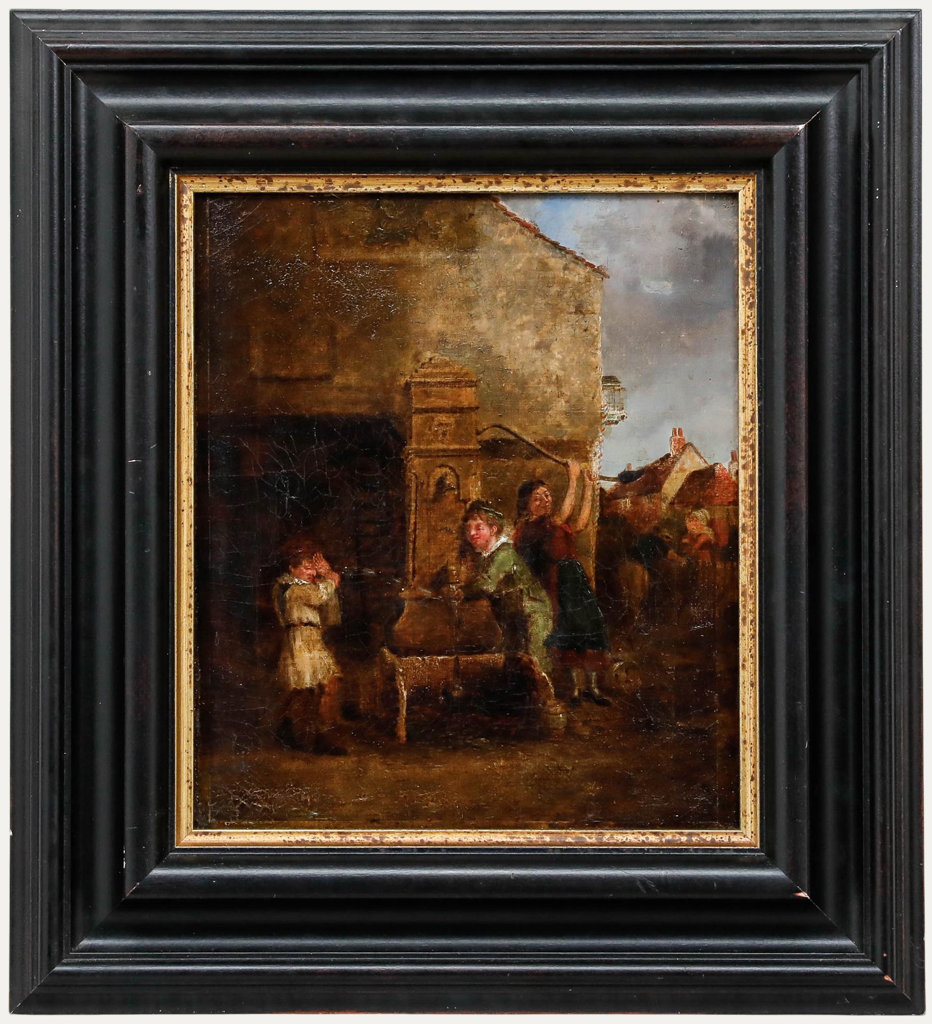 Unknown Figurative Painting - Framed 19th Century Oil - A Prank at the Water Pump