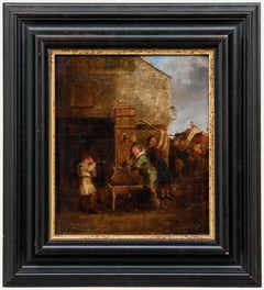 Framed 19th Century Oil - A Prank at the Water Pump