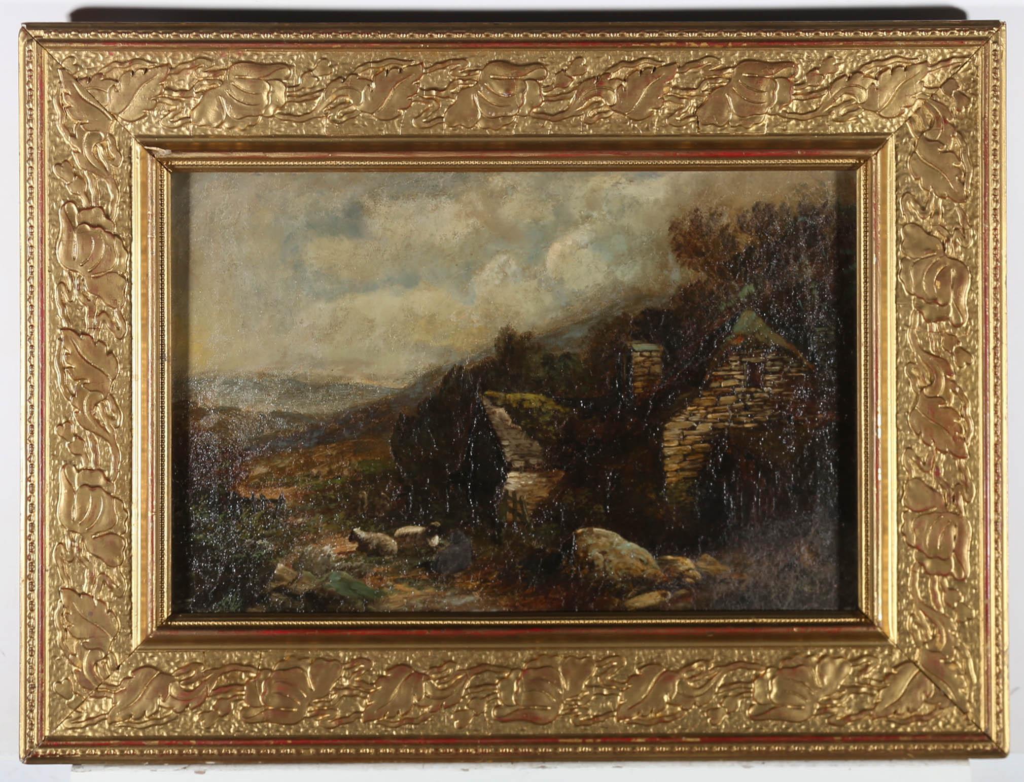 A charming depiction of a sheep farmer's cottage, hidden in the beautiful Welsh hills. Attractively presented in a period gilt frame with foliate members and delicate running pattern detail. Unsigned. On canvas on stretchers. 
