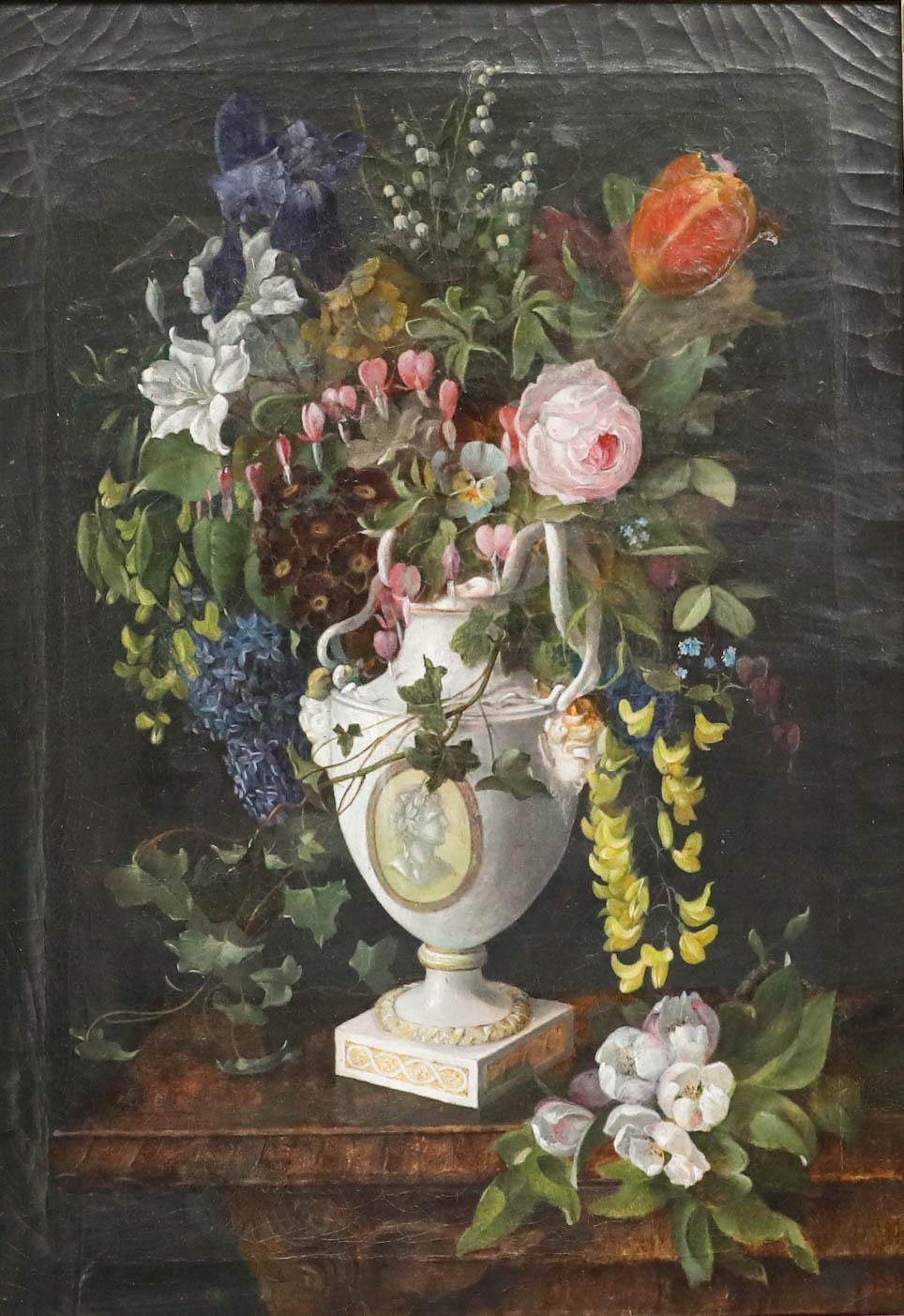 Óleo enmarcado del siglo XIX - Ramo de flores en jarrón de porcelana - Painting de Unknown