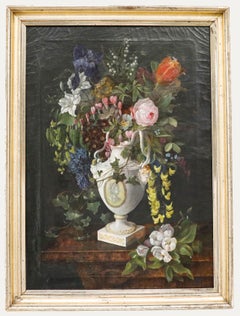 Óleo enmarcado del siglo XIX - Ramo de flores en jarrón de porcelana