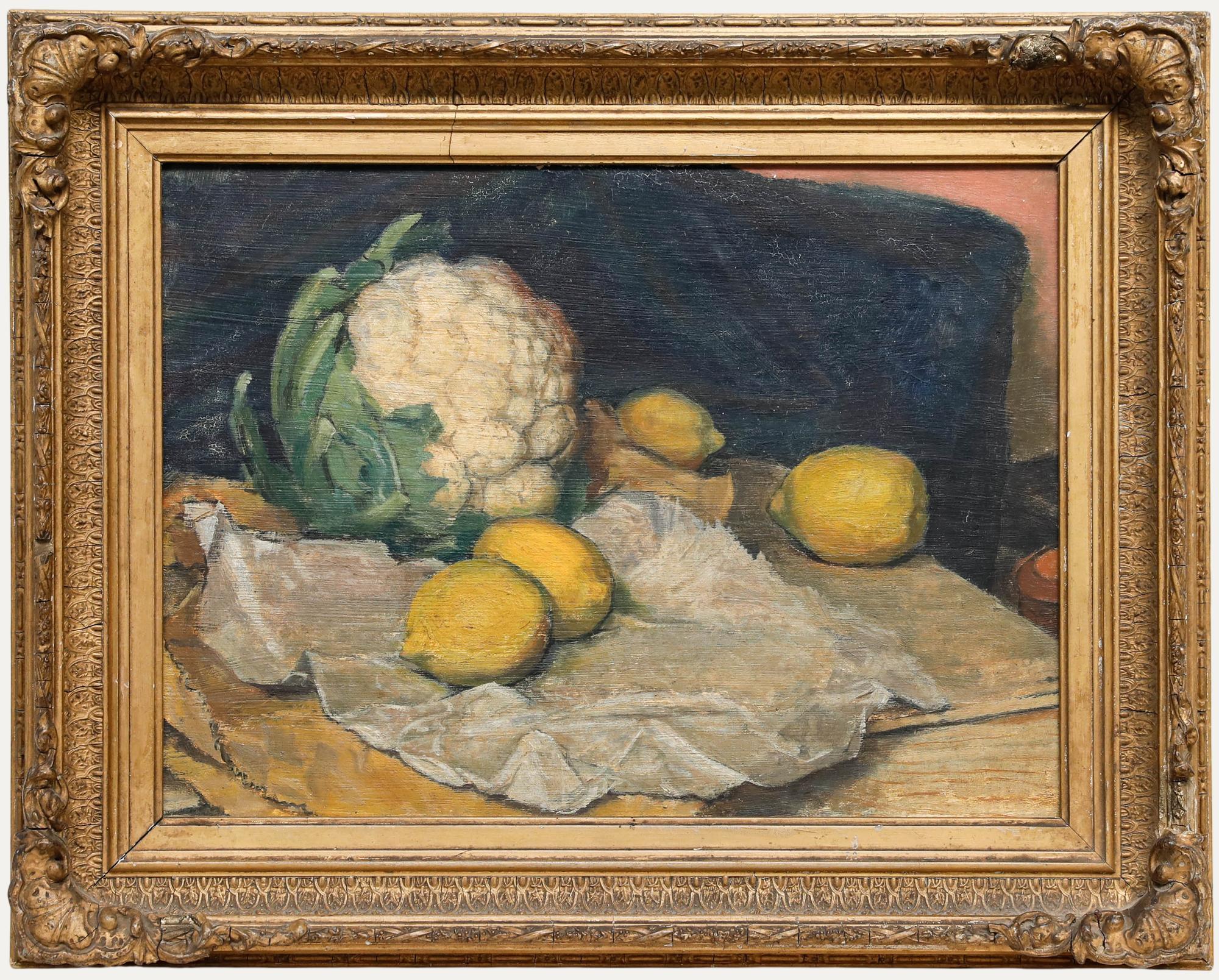 Still-Life Painting Unknown - Huile encadrée du 19e siècle - Choux-fleurs et citrons sur une table