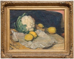 Huile encadrée du 19e siècle - Choux-fleurs et citrons sur une table