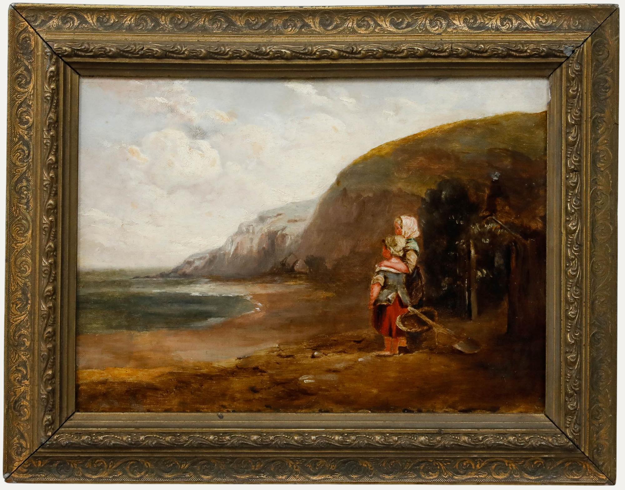 Unknown Figurative Painting - Framed 19th Century Oil - Children at the Beach