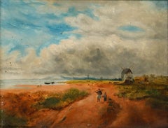 Framed 19th Century Oil - Children on a Coastal Path