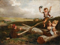 Framed 19th Century Oil - Children Playing on a See-Saw