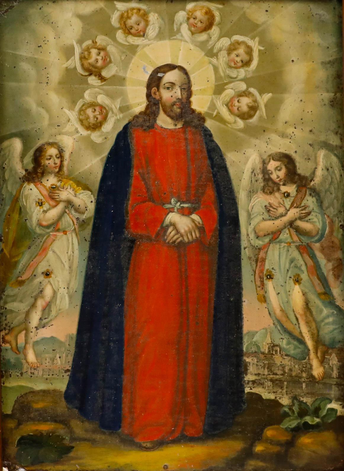 Huile encadrée du 19e siècle - Le Christ entouré d'anges - Painting de Unknown