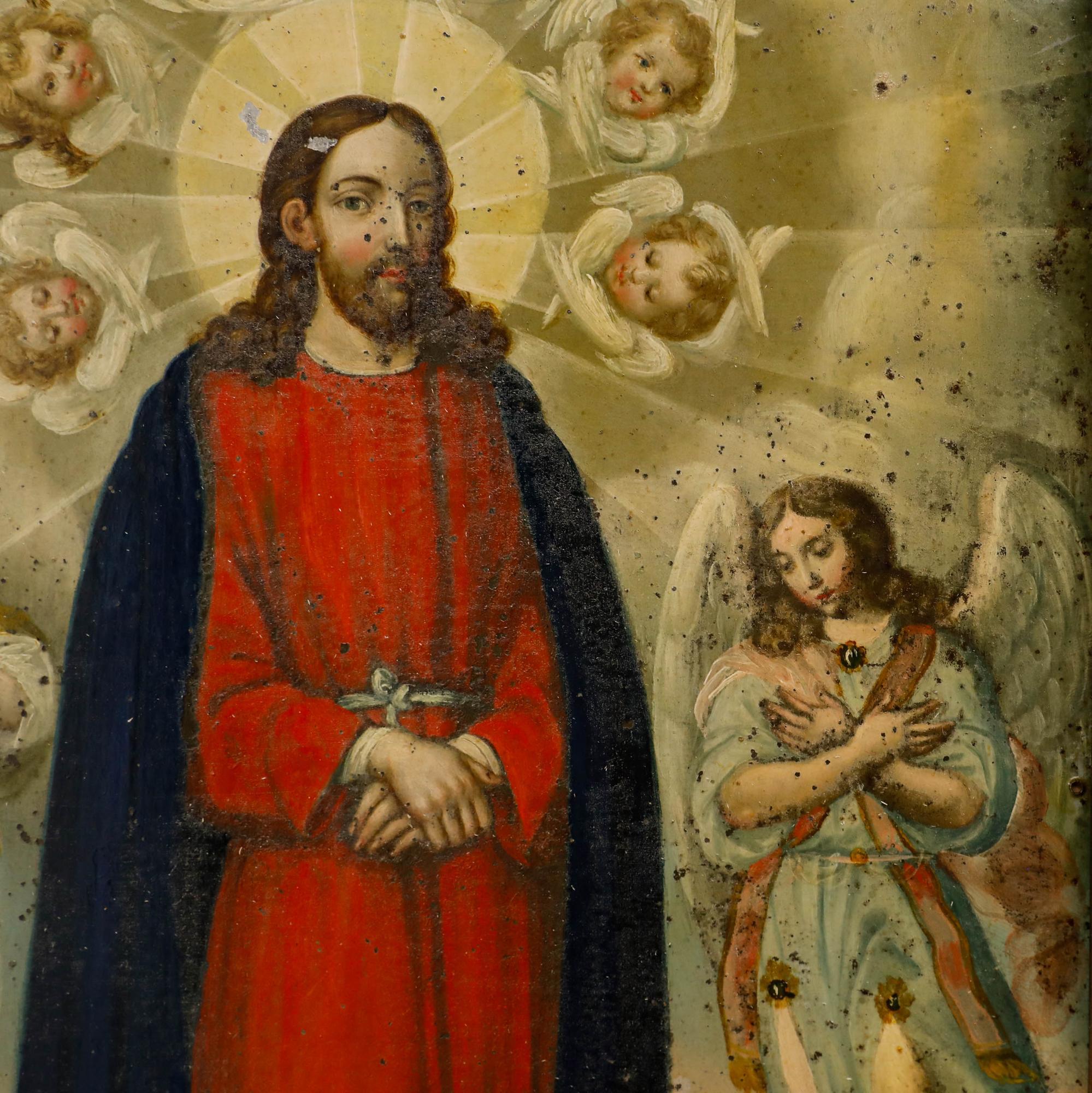 Jésus est debout, son auréole rayonnant vers l'extérieur, entouré d'anges et de chérubins. Présenté dans un cadre en bois. Non signée. Sur métal.
