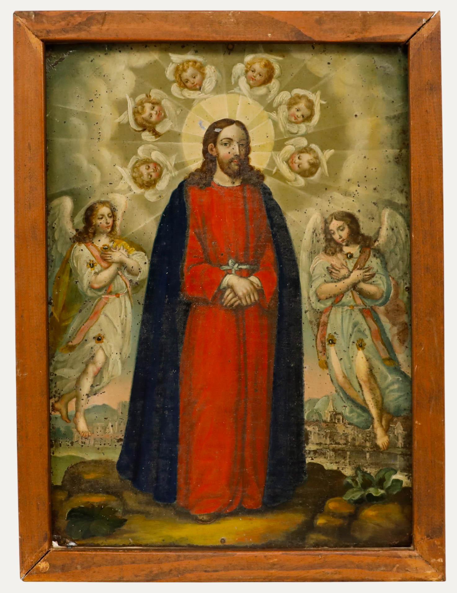 Olio del XIX secolo incorniciato - Cristo circondato dagli angeli